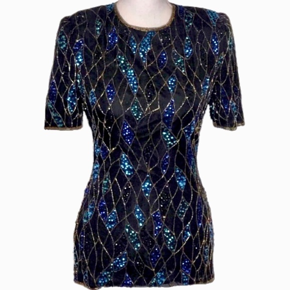 Vintage 80s Scala Silk Beaded Sequins Formal Short Sleeve Designer Top Small - Picture 1 of 9